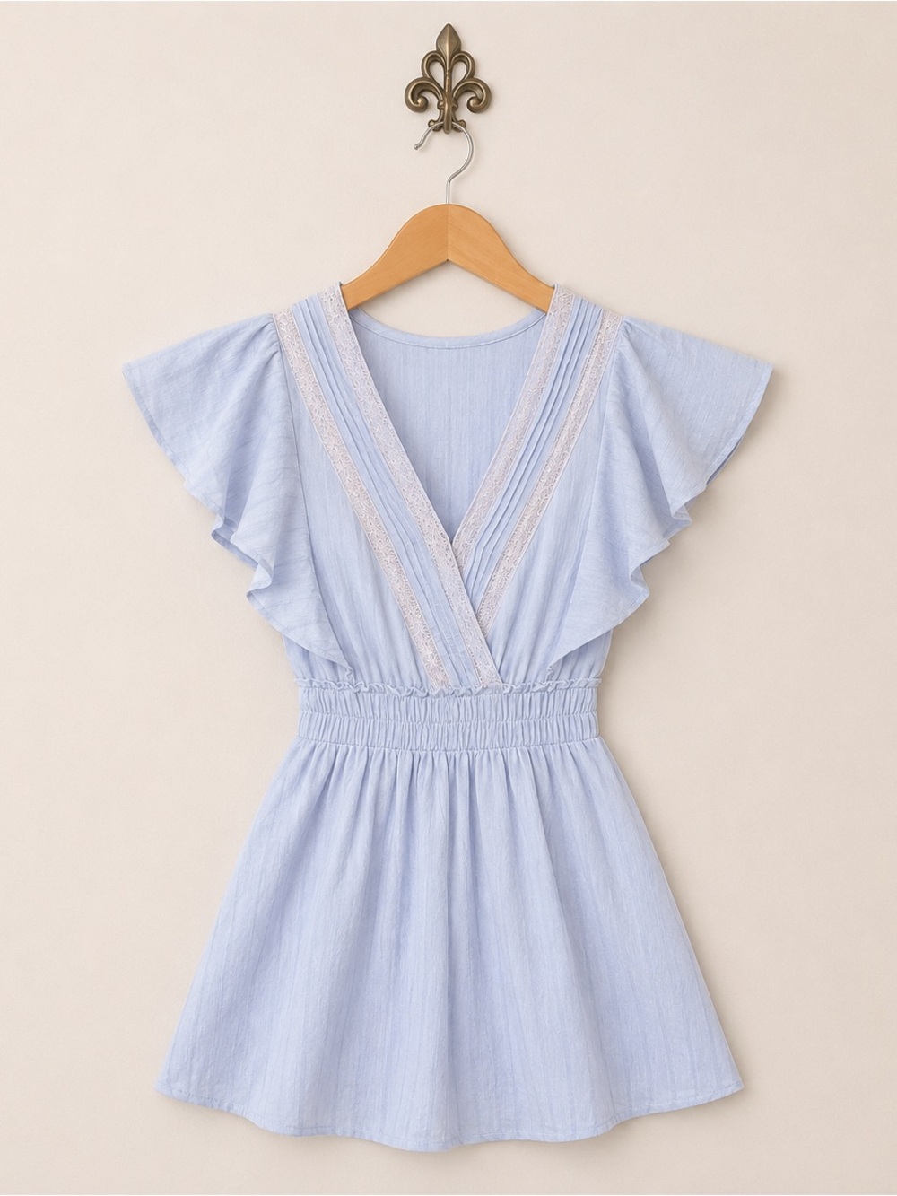 Shabby Chic blue ruffle cap sleeve elastic waist V neck dress XS